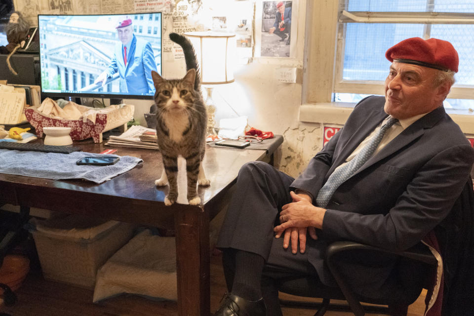 New York City Republican mayoral candidate Curtis Sliwa speaks during an interview with The Associated Press in his apartment, Tuesday, Oct. 12, 2021, in New York. (AP Photo/Mary Altaffer)