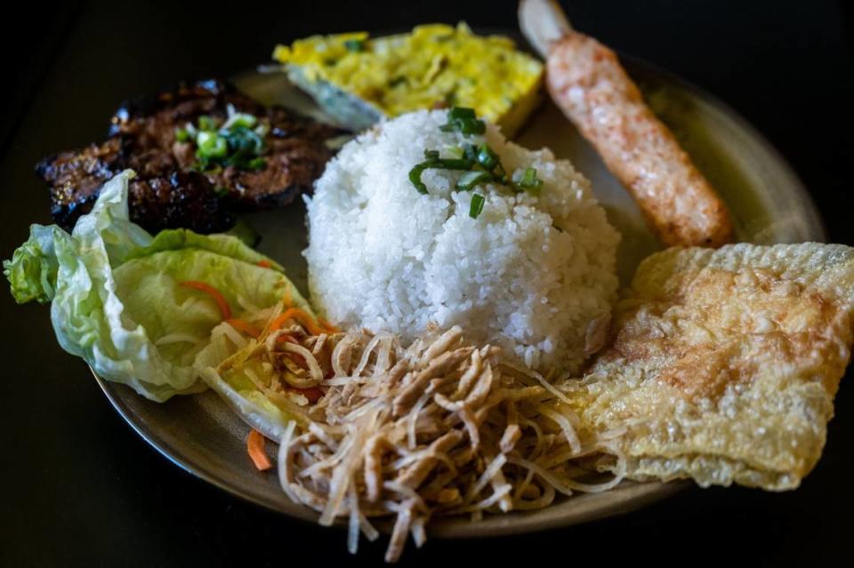 A broken rice plate from Com Tam Thien Huong sits on a table in Sacramento on Sunday Feb. 21, 2021.