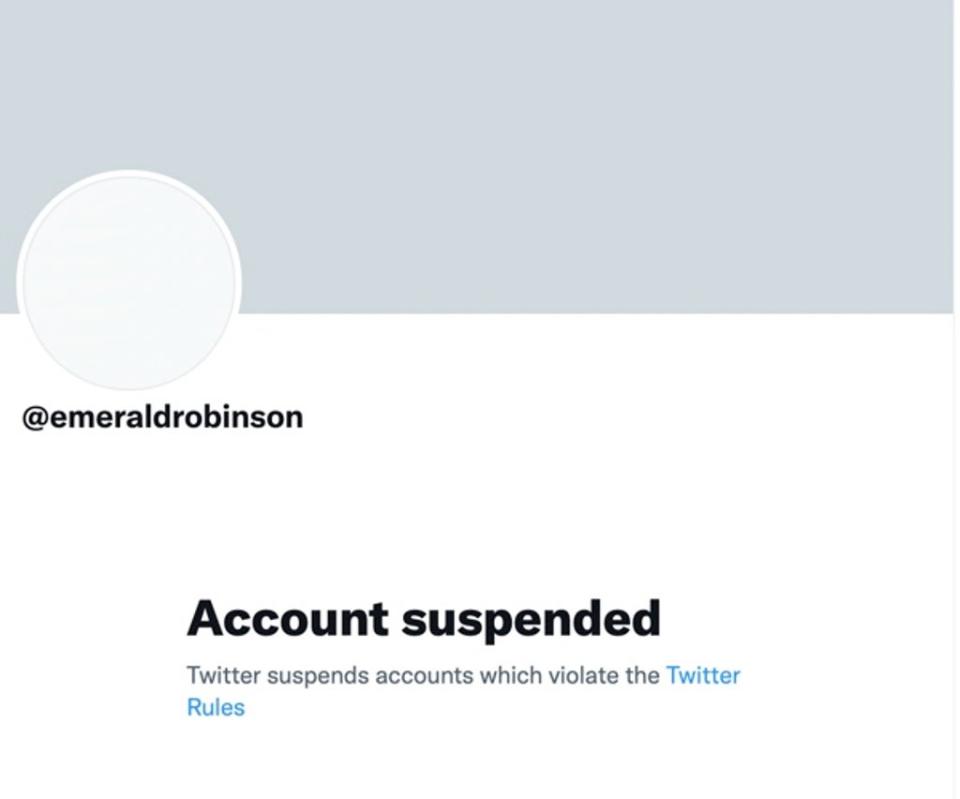 Emerald Robinson’s Twitter account was suspended for repeatedly violating policy (Twitter)