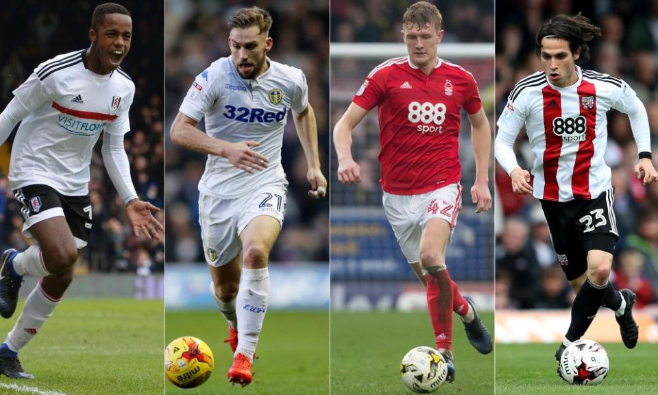 From left: Fulham’s Ryan Sessegnon, Leeds United’s Charlie Taylor, Joe Worrall of Nottingham Forest and Brentford’s Jota.