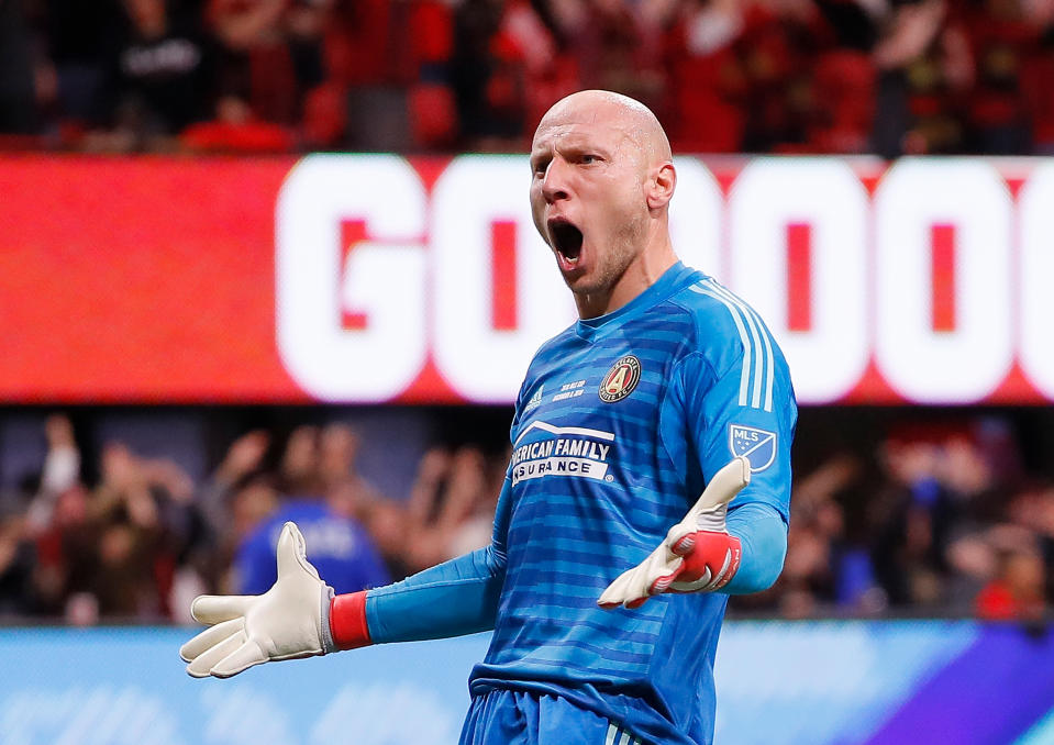 Atlanta United goalkeeper Brad Guzan celebrates Josef Martinez’s eventual MLS Cup-winning goal against the Portland Timbers. (Kevin C. Cox/Getty)