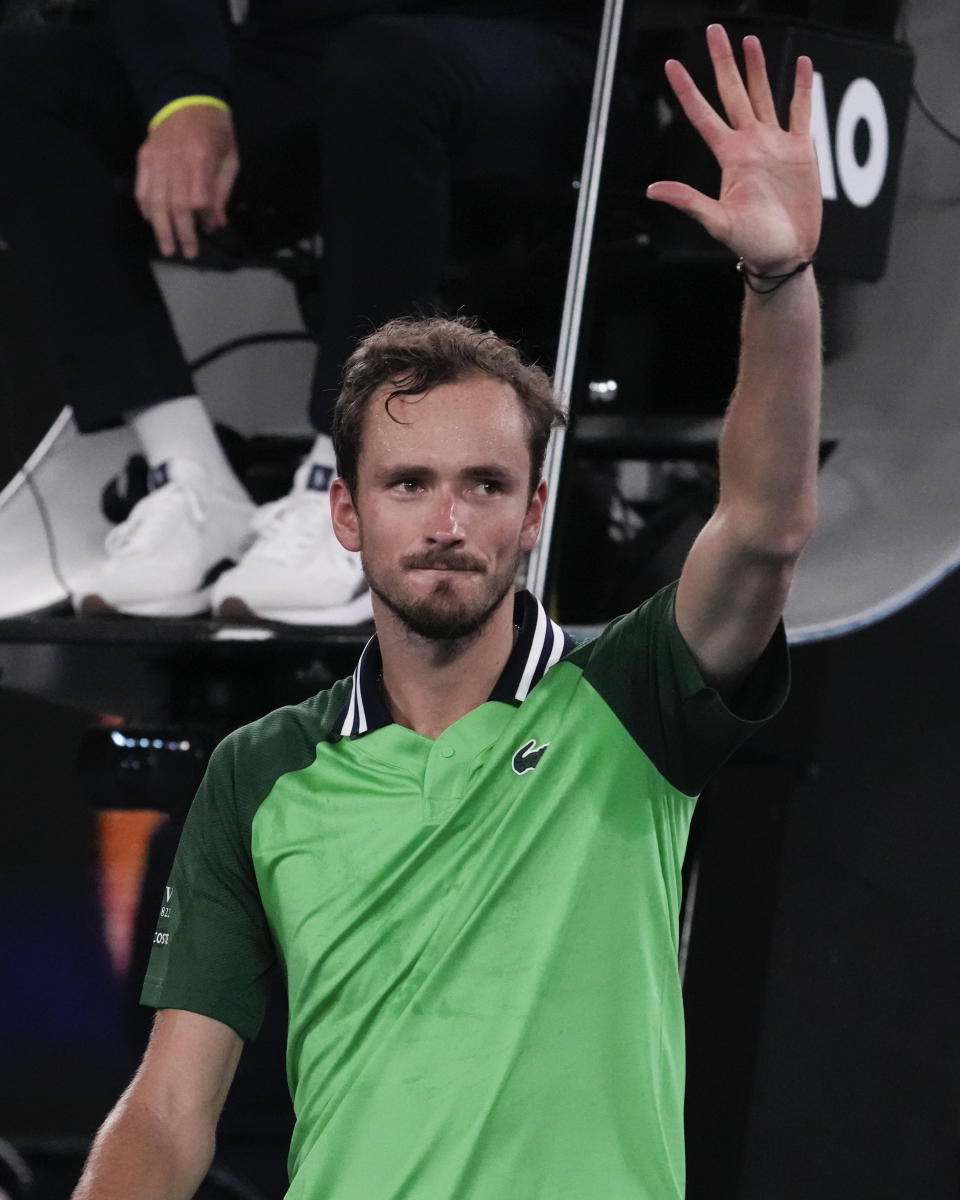 Daniil Medvedev of Russia celebrates after defeating Emil Ruusuvuori of Finland in their second round match at the Australian Open tennis championships at Melbourne Park, Melbourne, Australia, Friday, Jan. 19, 2024. (AP Photo/Andy Wong)