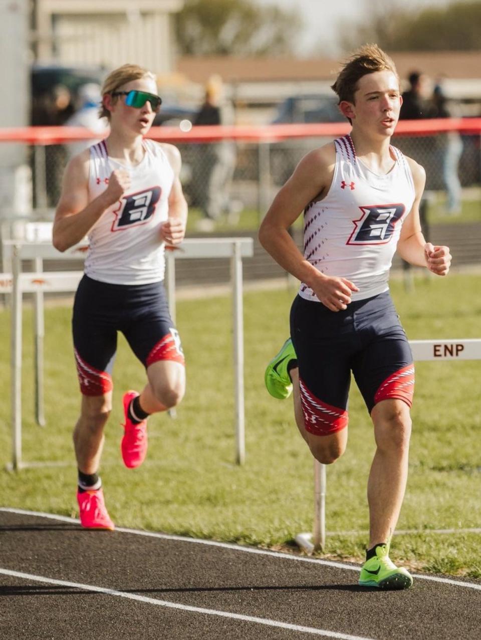 Ballard distance runners Graden Hermann and Max Davidson compete in the South Hardin Relays on Friday, April 19, 2024.