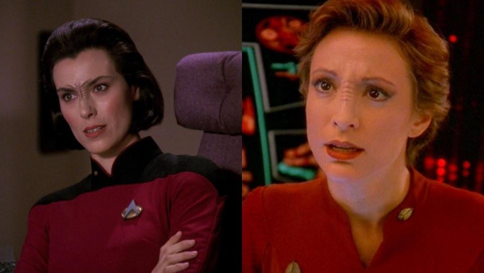 Michelle Forbes as Ro Laren and Nana Visitor as Kira Nerys in the Star Trek universe.