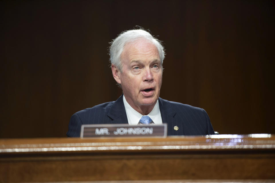 FILE - Sen. Ron Johnson, R-Wis., speaks during a Senate Foreign Relations committee hearing on April 26, 2022, in Washington. When asked if he’d support legislation to protect same-sex marriage, Ron Johnson was almost nonchalant. “I see no reason to oppose it,” said Johnson. (Bonnie Cash/Pool Photo via AP, File)