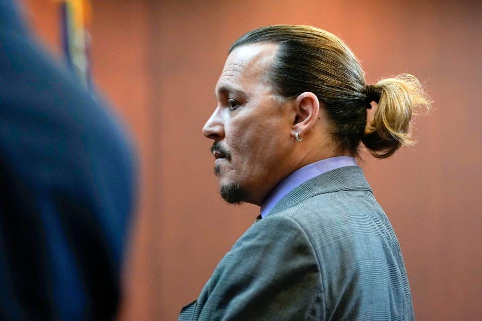 Actor Johnny Depp stands in the courtroom May 4 at the Fairfax County Circuit Court in Fairfax, Virginia.