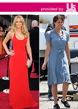 Jennifer Lawrence at the Oscars and on the set of "Hunger Games." Jason Merritt/Getty Images; Splash News Online/Us Magazine