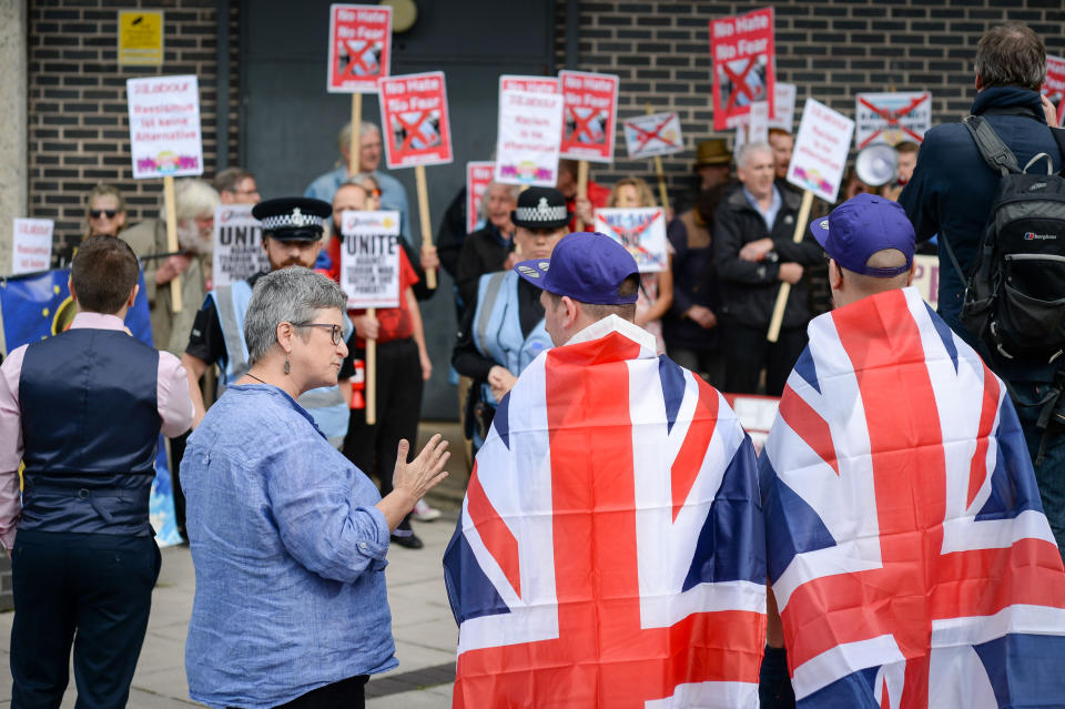 UKIP supporters and protesters outside the UKIP National Conference at the Riviera International Centre in Torquay (PA Images)