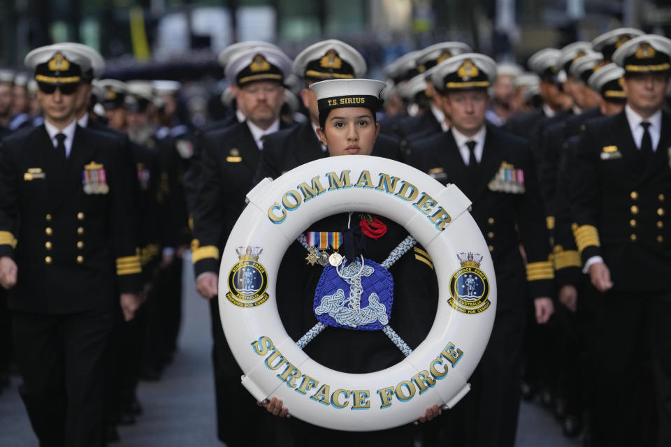 Navy personnel march during the Anzac Day parade in central the business district of Sydney, Australia, Thursday, April 25, 2024. (AP Photo/Mark Baker)