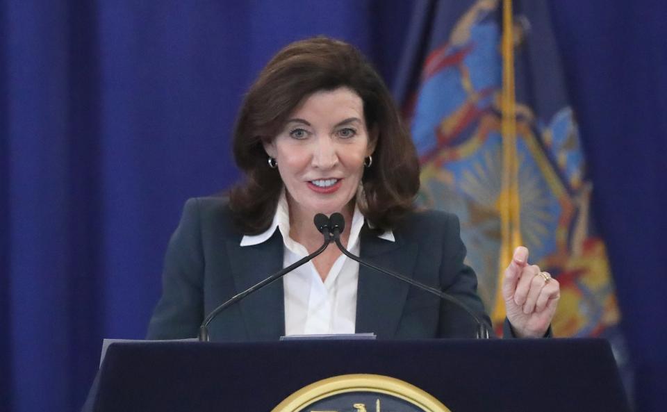 Gov. Kathy Hochul speaks at Mount Vernon City Hall on April 15, 2022.