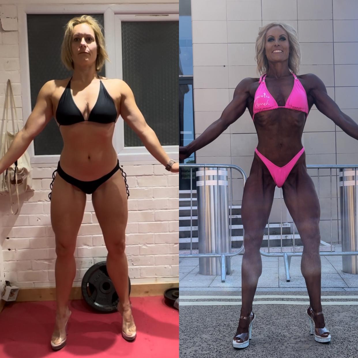 Ellen Manning, left in December 2023, before starting the extreme diet in the lead-up to her first bodybuilding contest (right). (Supplied) 