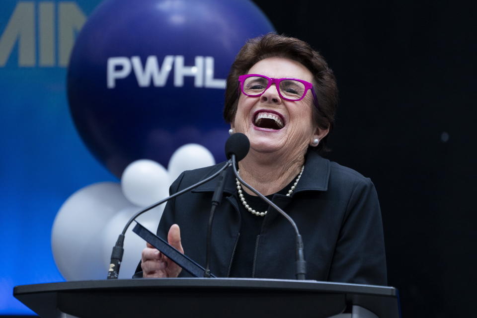 FILE -T ennis legend Billie Jean King delivers opening remarks ahead of the inaugural Professional Women's Hockey League draft in Toronto, Monday, Sept. 18, 2023. Billie Jean King is still globetrotting in support of more investment and equity in women’s sports. Her busy schedule is reminiscent of the summer of 1973, when a 29-year-old King established the WTA, won the Wimbledon triple crown in singles, doubles and mixed doubles, achieved equal pay at the U.S. Open and beat self-proclaimed chauvinist Bobby Riggs in the “Battle of the Sexes" match. (Spencer Colby/The Canadian Press via AP, File)