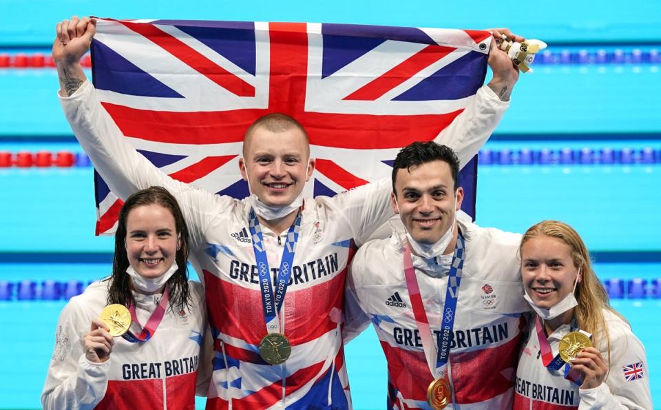 Adam Peaty (second left) and James Guy (second right) won Olympic gold in Tokyo alongside Kathleen Dawson (left) and Anna Hopkin (Joe Giddens/PA) (PA Archive)