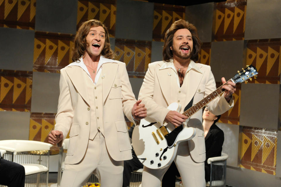 Justin Timberlake and Jimmy Fallon doing the "Barry Gibbs Talk Show"