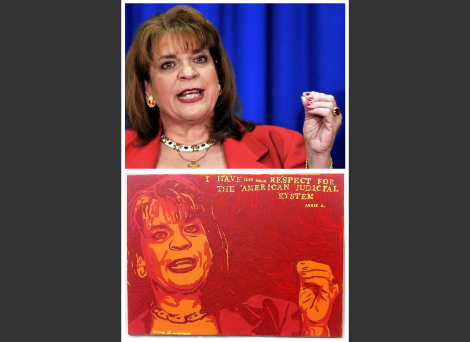 This combination image shows an Associated Press photo, top, of Florida State Attorney Angela Corey, taken in Jacksonville, Fla., on April 11, 2012, during her announcement of second-degree murder charges against George Zimmerman in the shooting death of Trayvon Martin, and a painting, bottom, by George Zimmerman that portrays Angela Corey, titled "Angie." The Associated Press has demanded that Zimmerman halt the sale of the painting because the news agency says it directly copies the AP photo above. (AP Photo/Rick Wilson)