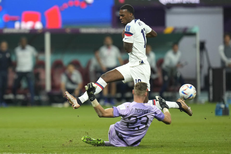 FILE - Haji Wright of the United States and Kenneth Taylor of the Netherlands vie for the ball during the World Cup round of 16 soccer match between the Netherlands and the United States, at the Khalifa International Stadium in Doha, Qatar, Saturday, Dec. 3, 2022. Forward Josh Sargent and midfielder Luca de La Torre will miss the United States' Nations League games because of injuries and were replaced on the roster Sunday, March 17, 2024, by winger Brenden Aaronson and forward Haji Wright. (AP Photo/Francisco Seco, File)