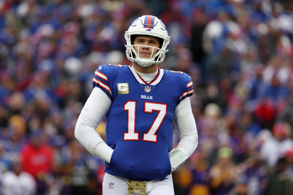 ORCHARD PARK, NY - NOVEMBER 13: Josh Allen #17 of the Buffalo Bills on the field against the Minnesota Vikings at Highmark Stadium on November 13, 2022 in Orchard Park, New York. (Photo by Timothy T Ludwig/Getty Images)