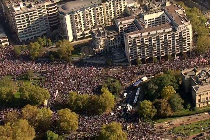 Aerial footage showed huge crowds gathered in central London for the start of the march (Sky News)