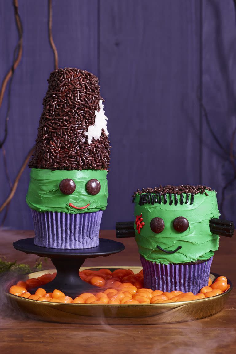 <p>Pile on the buttercream frosting to transform these chocolate cupcakes into Halloween's greenest monster. </p><p><em><a href="https://www.womansday.com/food-recipes/food-drinks/a23570068/frankenstein-and-his-bride-cupcakes-recipe/" rel="nofollow noopener" target="_blank" data-ylk="slk:Get the recipe from Woman's Day »;elm:context_link;itc:0;sec:content-canvas" class="link ">Get the recipe from Woman's Day » </a></em></p>