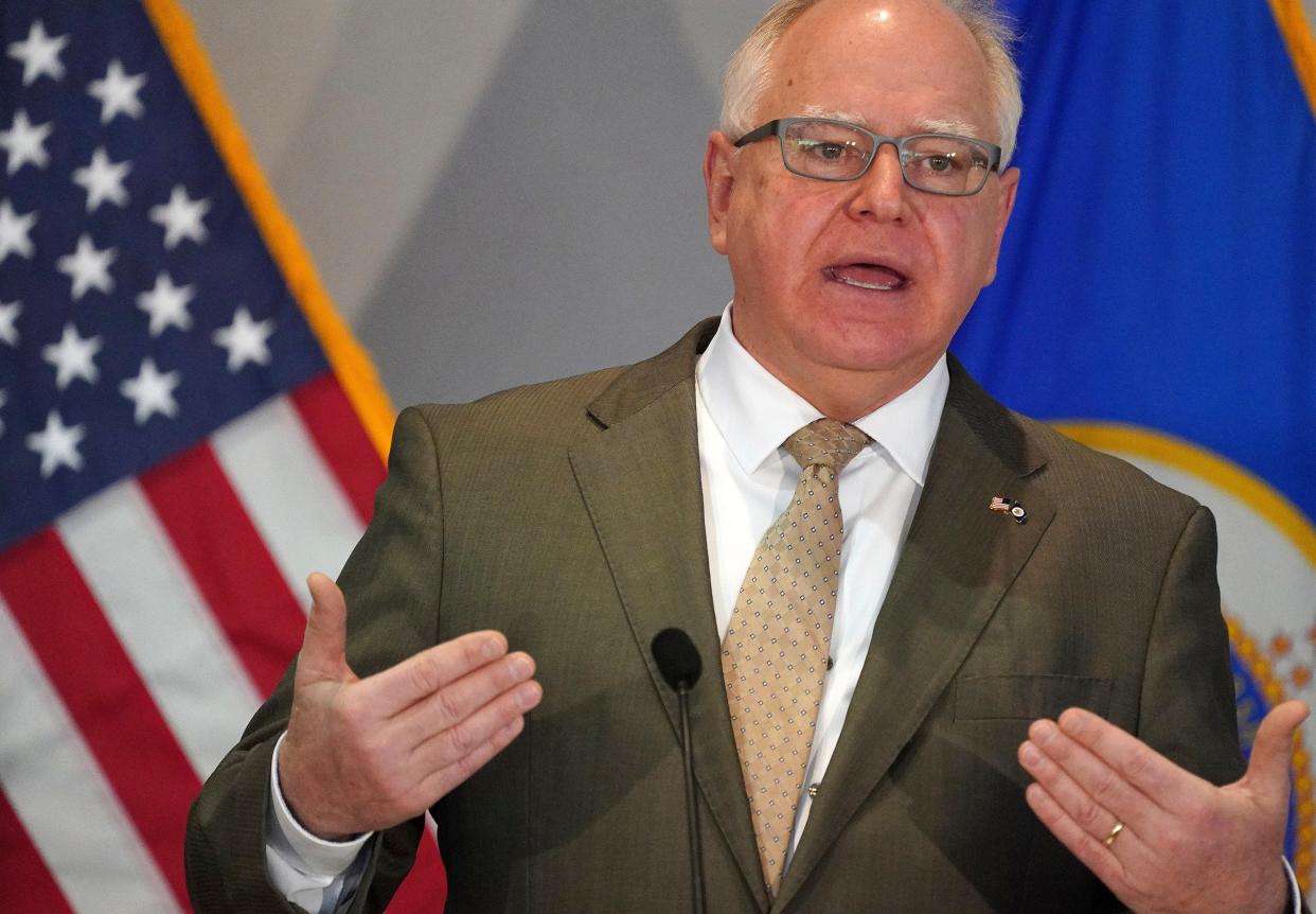 Minnesota Gov. Tim Walz speaks during a news conference at the Department of Revenue building, Jan. 26, 2021, in St. Paul. Gov. Walz will deliver his annual State of the State speech in the House chamber Sunday for the first time since the coronavirus pandemic began. (Anthony Souffle/Star Tribune via AP, File)