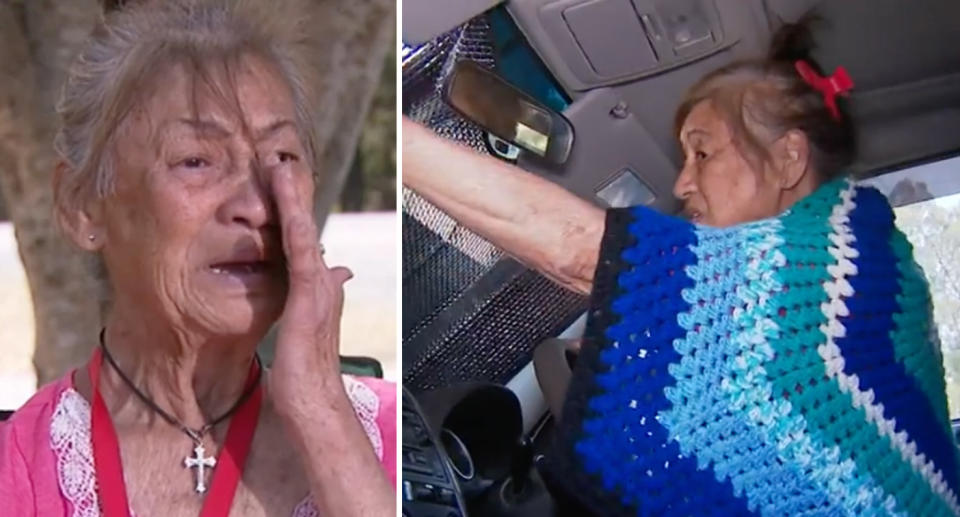 Susannah Tuxford, 78, wipes a tear from her face (left) and she can be seen in her vehicle now lives in car. 