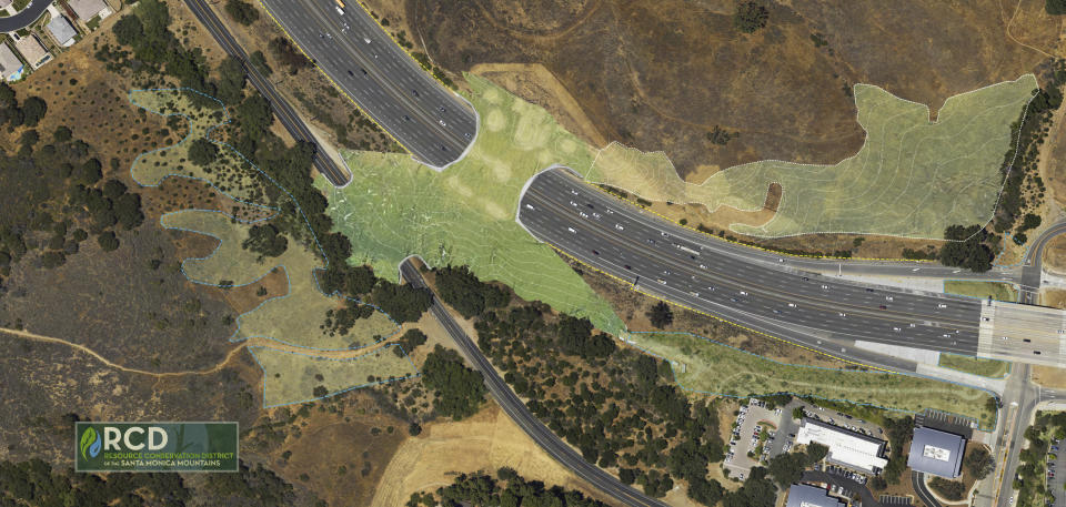 This undated artist's rendering provided by the Resource Conservation District of the Santa Monica Mountains shows a planned wildlife crossing over U.S. Highway 101 in Agoura Hills, Calif. Hoping to fend off the extinction of mountain lions and other species that require room to roam, transportation officials and conservationists will build a mostly privately funded wildlife crossing over the freeway. (Clark Stevens, Architect/Raymond Garcia, Illustration/RCD of the Santa Monica Mountains via AP)