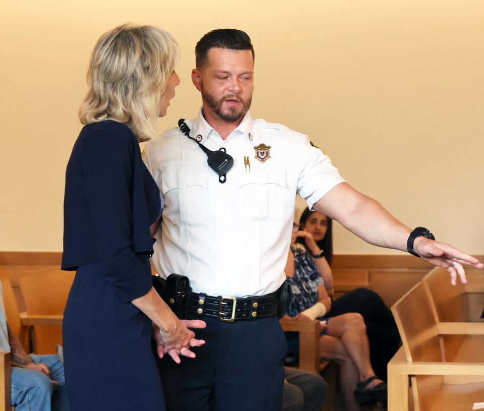 Taunton Mayor Shaunna O'Connell is arraigned in Monday, July 22, 2024, in Taunton District Court on charges of domestic assault and battery and assault and battery with a dangerous weapon in connection with an incident Friday, July 19, 2024, in which her husband Ted O'Connell called police.