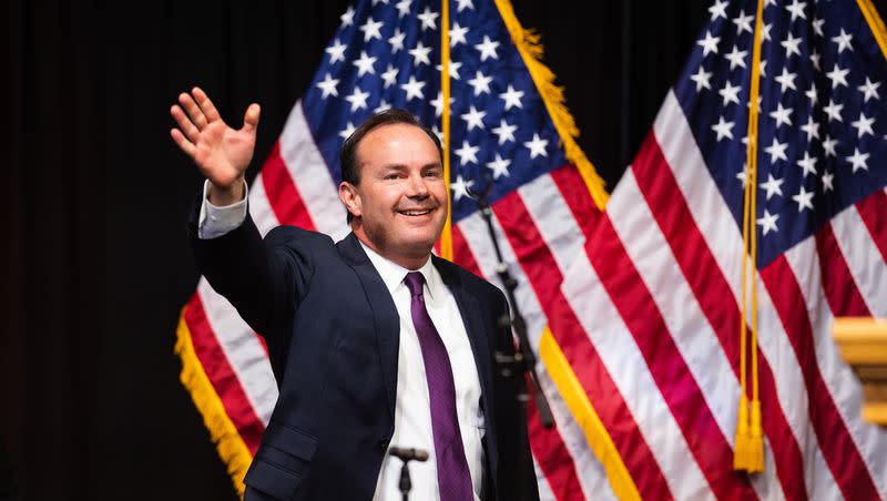 Sen. Mike Lee, R-Utah, speaks during the Utah Republican Party Organizing Convention at Utah Valley University in Orem on Saturday, April 22, 2023.