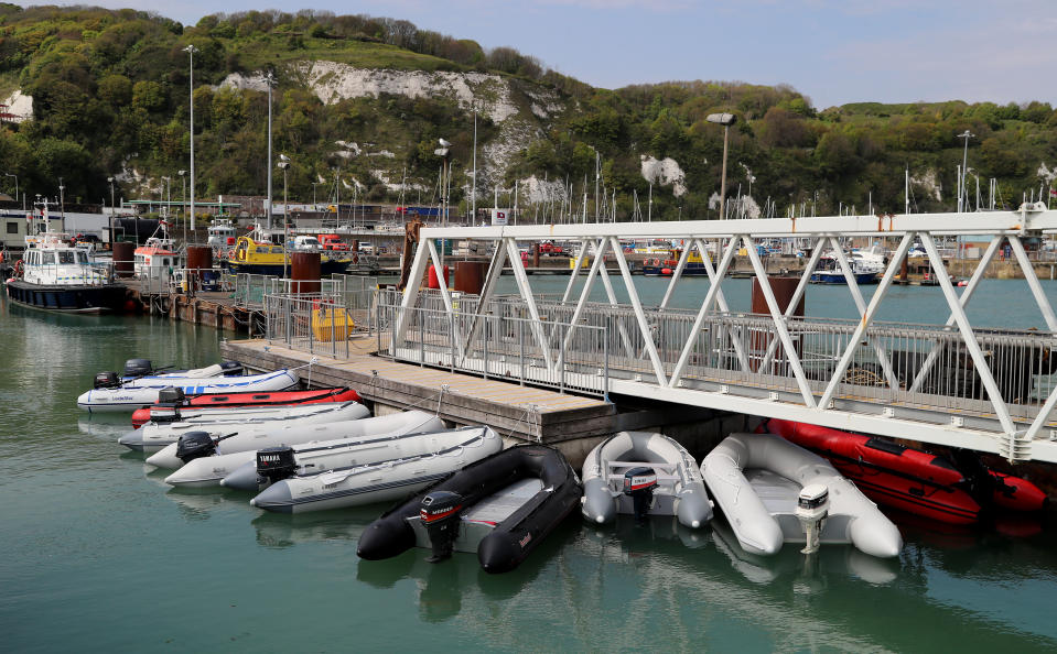 A view of dinghies tied up at The Port of Dover in Kent following being seized by Border Force officers after they were used in recent migrant crossing across The Channel as the UK continues in lockdown to help curb the spread of the coronavirus.