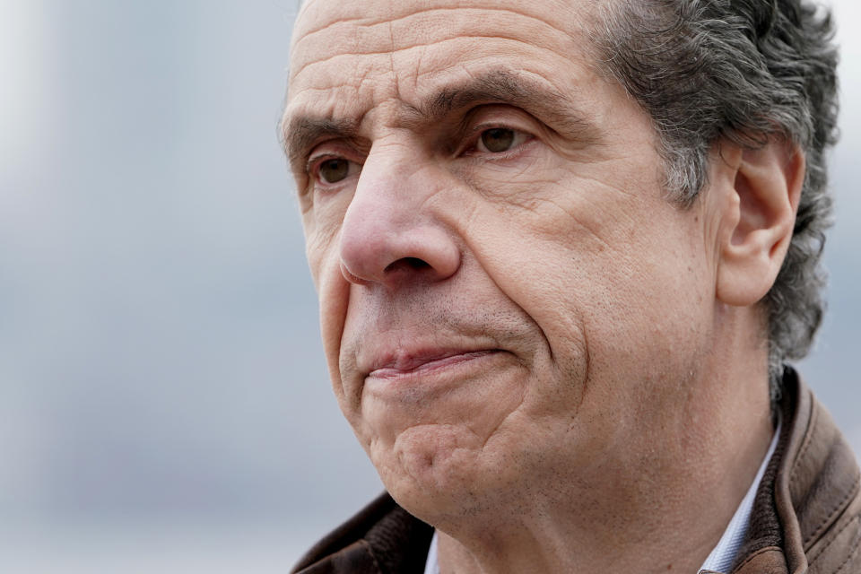 New York governor Andrew Cuomo speaks as the USNS Comfort pulls into a berth in Manhattan during the outbreak of coronavirus disease (COVID-19), in the Manhattan borough of New York City, New York, U.S., March 30, 2020. REUTERS/Carlo Allegri