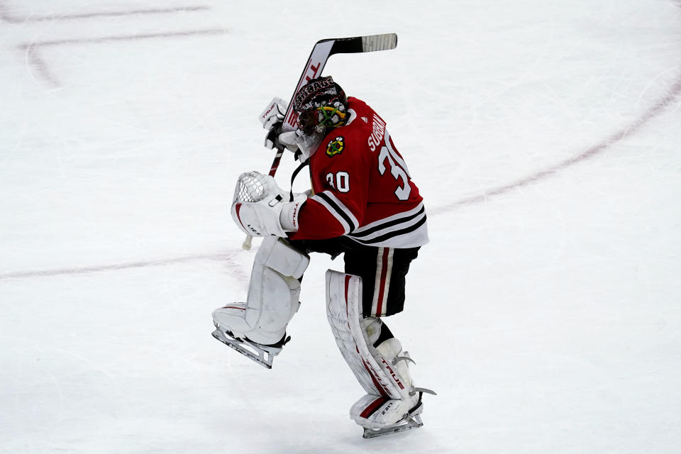 Chicago Blackhawks goalie Malcolm Subban reacts after the Chicago Blackhawks defeated the Tampa Bay Lightning in a shootout of an NHL hockey game in Chicago, Friday, March 5, 2021. (AP Photo/Nam Y. Huh)