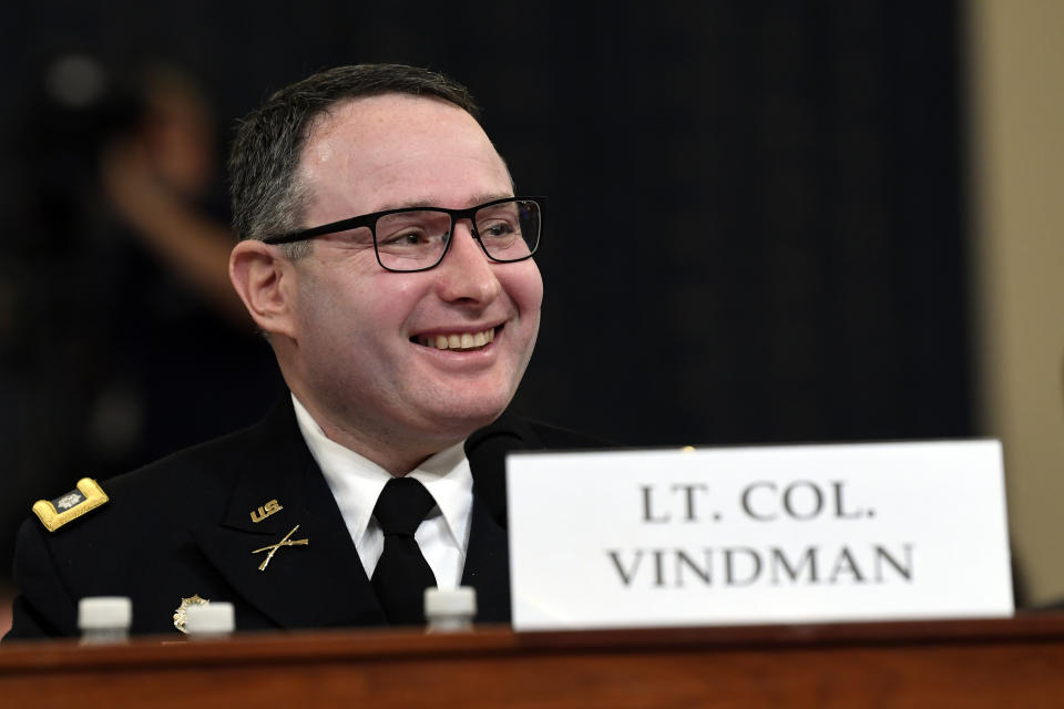 National Security Council aide Lt. Col. Alexander Vindman testifies before the House Intelligence Committee on Capitol Hill in Washington, Tuesday, Nov. 19, 2019, during a public impeachment hearing of President Donald Trump's efforts to tie U.S. aid for Ukraine to investigations of his political opponents. (AP Photo/Susan Walsh)