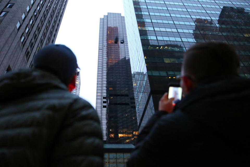 <p>Damaged windows are seen after a fire broke out in an apartment in Trump Tower in Manhattan in New York City, April 7, 2018. (Photo: Amr Alfiky/Reuters) </p>