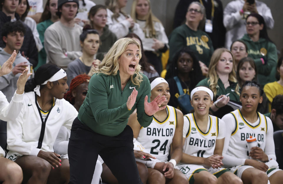 Baylor coach Nicki Collen reacts to a play against TCU during the second half of an NCAA college basketball game Wednesday, Jan. 3, 2024, in Waco, Texas. (Rod Aydelotte/Waco Tribune-Herald via AP)