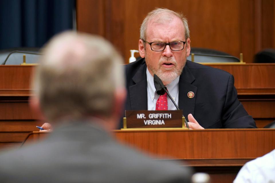 Rep. Morgan Griffith, D-Va., asks questions to Richard Bright, former director of the Biomedical Advanced Research and Development Authority, during House Energy and Commerce Subcommittee on Health hearing Thursday, May 14, 2020, on Capitol Hill in Washington. (Greg Nash/Pool via AP)