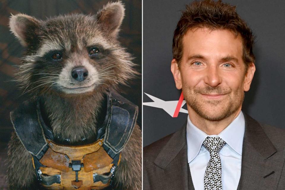 <p>Courtesy Marvel Studio; Jon Kopaloff/WireImage</p> Rocket Raccoon and Bradley Cooper