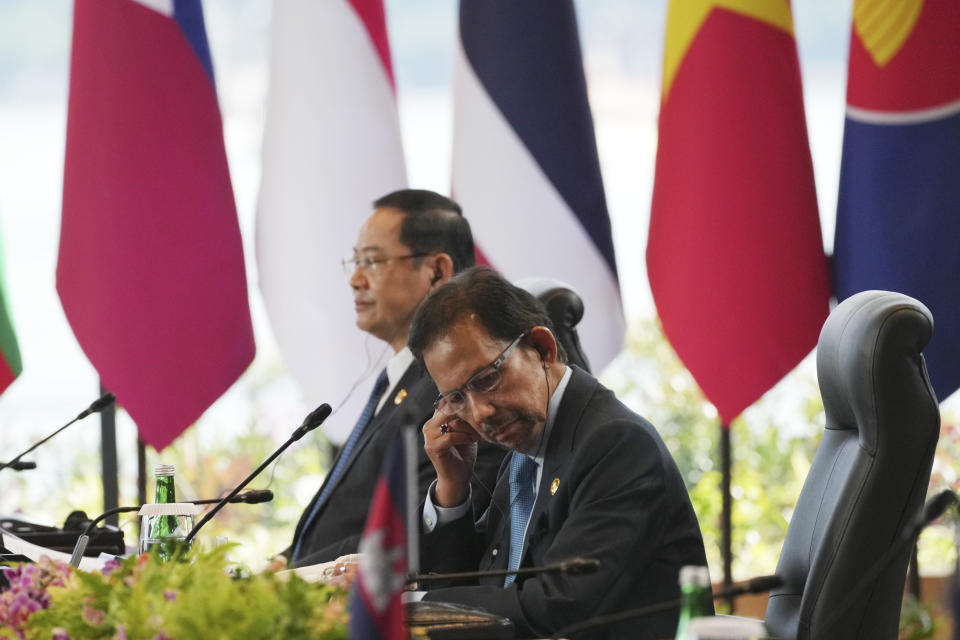 Brunei's Sultan Hassanal Bolkiah, foreground, attends the 42nd ASEAN Summit in Labuan Bajo, East Nusa Tenggara province, Indonesia, Wednesday, May 10, 2023. (AP Photo/Achmad Ibrahim, Pool)