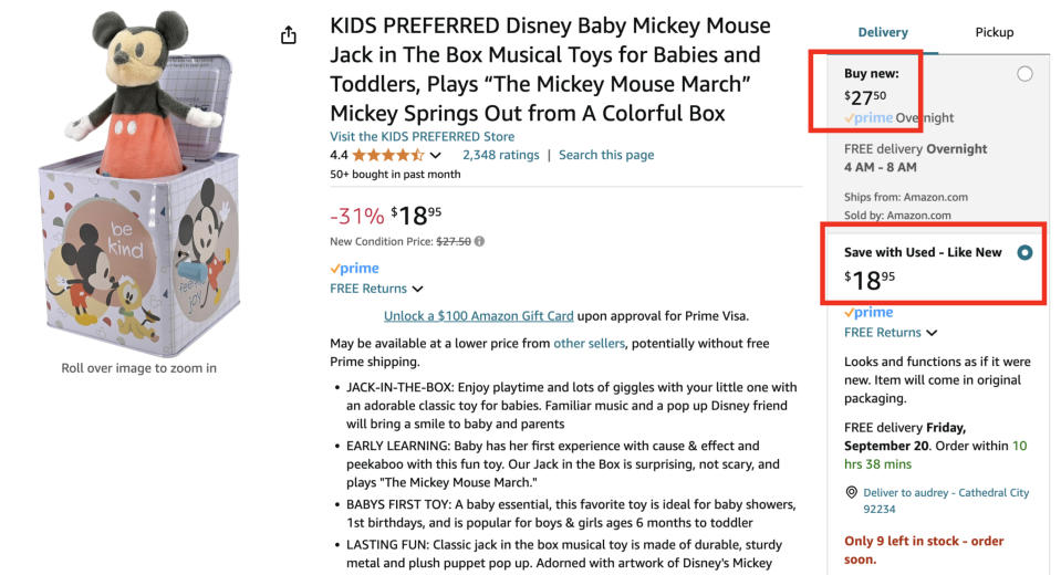 Amazon product page for KIDS PREFERRED Disney Baby Mickey Mouse Jack in the Box. Price: $18.95, usually $27.99. Available for purchase with Prime shipping options