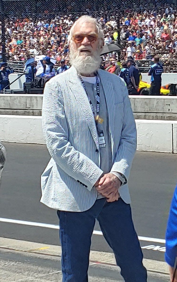 IndyCar team co-owner David Letterman on the pre-race grid during the singing of "Back Home Again in Indiana."