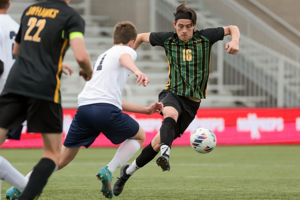 St. Joseph’s Joshua Ortiz moves the ball in a 2A boys soccer state semifinal against American Heritage at Zions Bank Stadium in Herriman on Wednesday, May 10, 2023. | Spenser Heaps, Deseret News