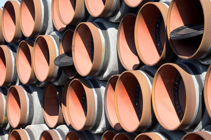 FILE PHOTO: Pipes for the Nord Stream 2 gas pipeline in the Baltic Sea, which are not used, are seen in the harbour of Mukran