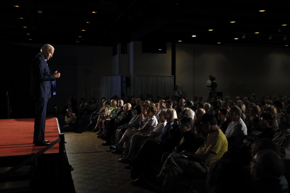 Former Vice President and Democratic presidential candidate Joe Biden speaks during a presidential candidates forum sponsored by AARP and The Des Moines Register, Monday, July 15, 2019, in Des Moines, Iowa. (AP Photo/Charlie Neibergall)