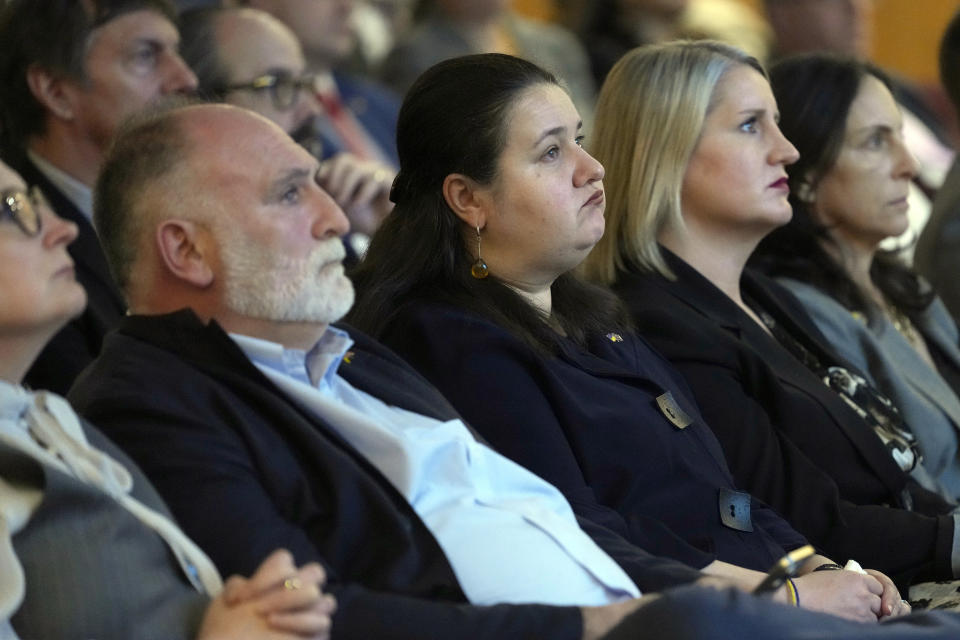 From left, chef Jose Andres, Ukraine Ambassador to the U.S. Oksana Markarova, and Under Secretary of State for Public Diplomacy Elizabeth M. Allen, watch during a screening of "20 Days in Mariupol" at the State Department in Washington, Tuesday, Feb. 27, 2024. (AP Photo/Susan Walsh)