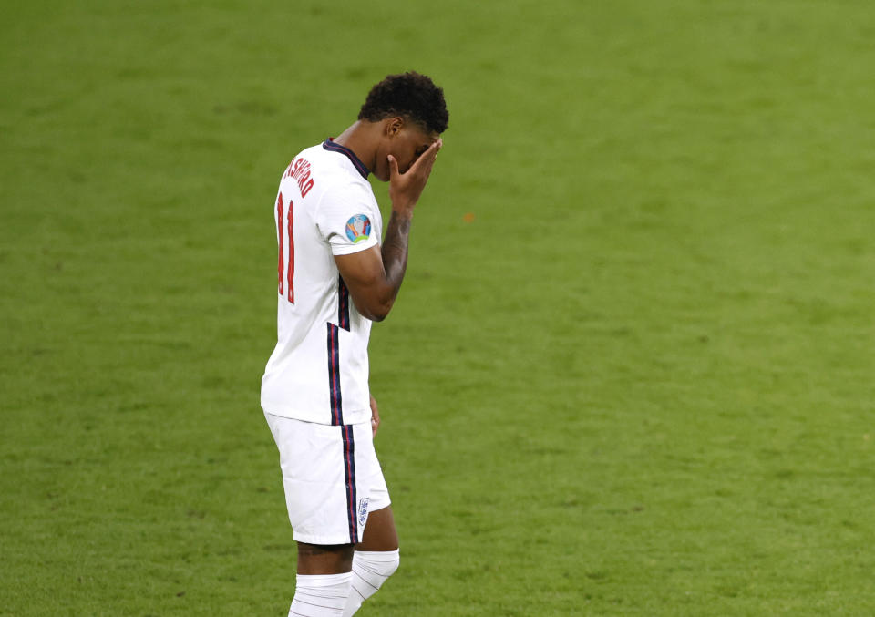 Soccer Football - Euro 2020 - Final - Italy v England - Wembley Stadium, London, Britain - July 11, 2021 England's Marcus Rashford looks dejected after he misses a penalty during the shoot-out Pool via REUTERS/John Sibley