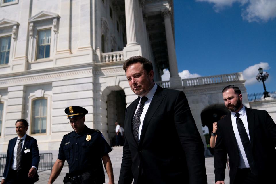 Elon Musk departs following a meeting in the office of House Speaker Kevin McCarthy, R-Calif., at the U.S. Capitol in Washington, DC, on September 13, 2023.