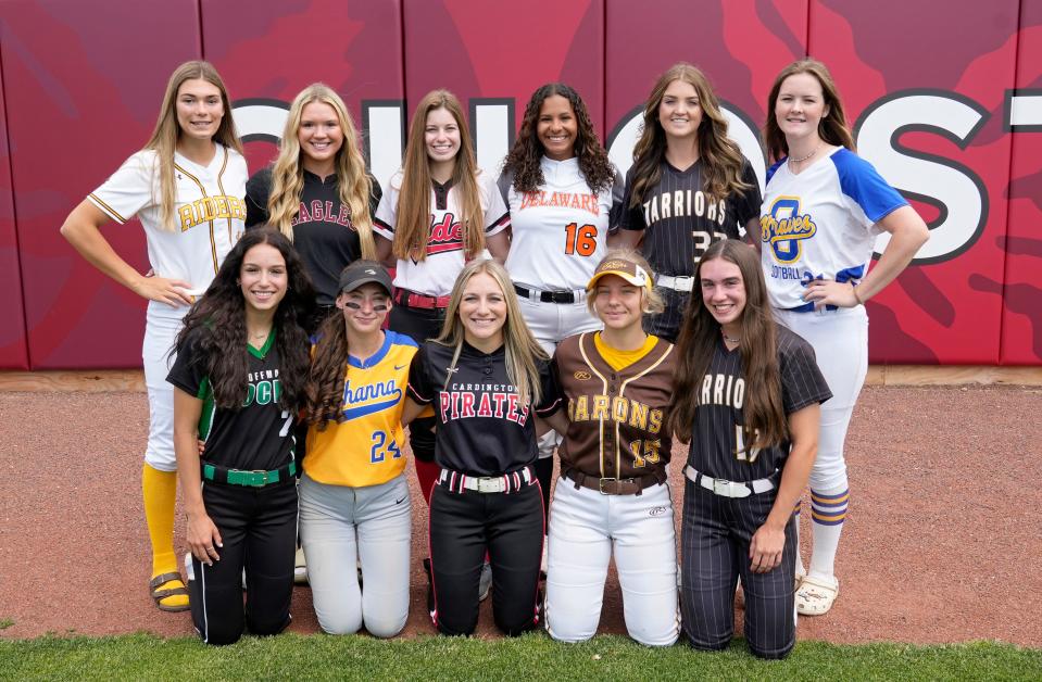 Jun 6, 2022; Columbus, Ohio, United States;  The 2022 Dispatch All-Metro softball team. Front row (l-r): Taylor Covington, Kirnan Bailey, Makyala Linkous, Lilly Irvine, Taylor Gerhardt. Back row (l-r): Brooke Mannon, Jordan George, Danielle Robbins, Myaih Cloud, Carsyn Cassady, Emma Willers. Mandatory Credit: Barbara J. Perenic/Columbus Dispatch