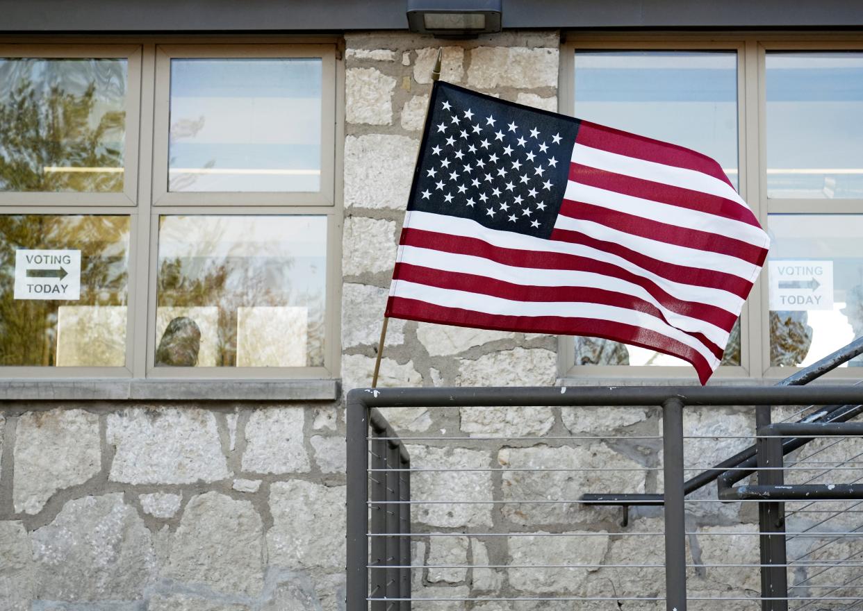 Nov. 8, 2022; Columbus, Ohio, USA; 
An American flag flies outside the Wolfe Park shelterhouse on the East Side of Columbus on Election Day, Tuesday, Nov. 8th. Mandatory Credit: Barbara J. Perenic/Columbus Dispatch