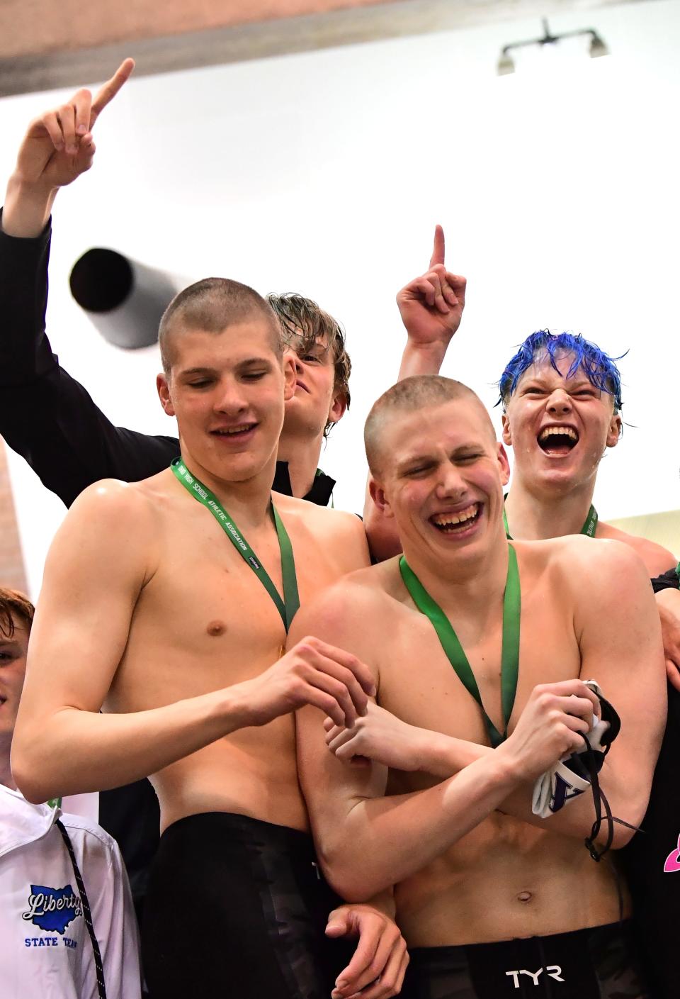 The team of Thackston McMullan, Max Ward, Alex Ingram and Kyle Silverstain won first place in the boys 200-yard freestyle relay for St. Xavier at the 2023 Division I Ohio High School Athletic Association Swimming and Diving Championships, Feb. 25, 2023.