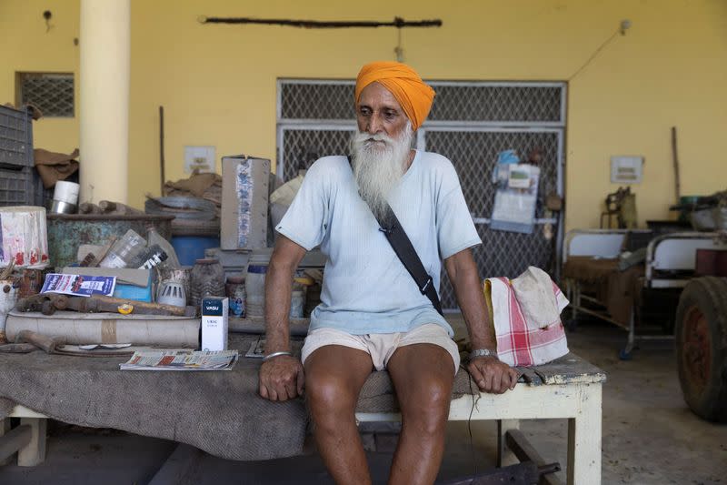 Himmat Singh Nijjar, 79, uncle of Sikh separatist leader Hardeep Singh Nijjar, takes a pause during an interview with Reuters at village Bharsingpura