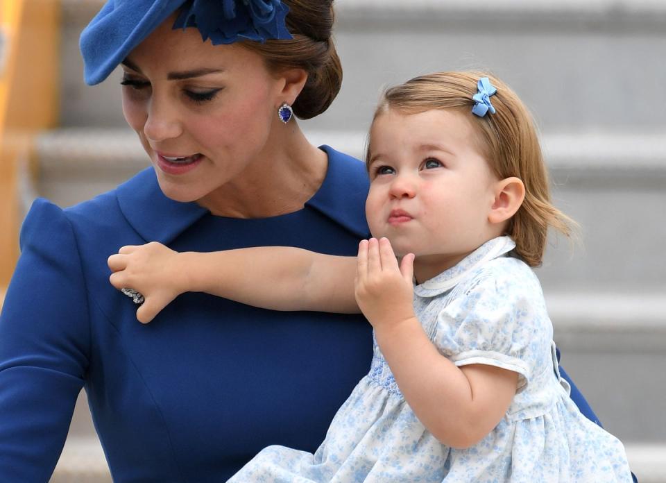 <p>Will and Kate need to watch out; their baby girl has a liking for shiny things. Upon the <a href="https://www.townandcountrymag.com/society/tradition/a7960/royal-family-canada-tour/" rel="nofollow noopener" target="_blank" data-ylk="slk:family's arrival in Canada;elm:context_link;itc:0;sec:content-canvas" class="link ">family's arrival in Canada</a>, all Charlotte seemed to care about was the diamond maple leaf brooch her mommy borrowed from Queen Elizabeth II.</p>